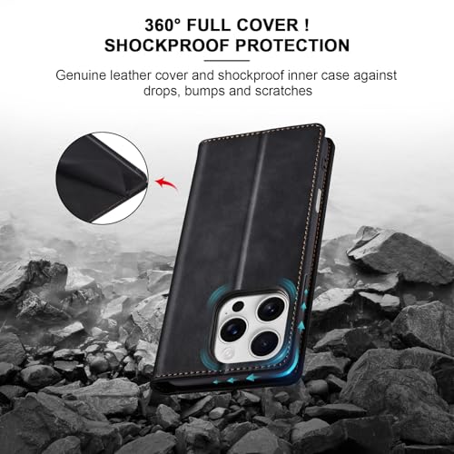 Image of Jasonyu Flip Wallet Case for iPhone 16 Pro,Leather Magnetic Folio Cover with Card Holder,Kickstand - TPU Shockproof Durable Protective Phone Case,Black