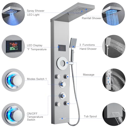 TSIBOMU LED Shower Panel Tower System, Stainless Steel Rainfall & Mist Shower Tower, 5 Body Jets, Handheld Shower, Tub Spout and Hydroelectricity Temperature Display, Brushed Nickel