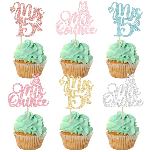 Gyufise 24Pcs Mis Quince 15 Cupcake Toppers Glitter 15th Birthday Cake Toppers Fifteen Dessert Decor Cheers to 15 Years Party Decorations Multi