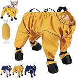 Dog Snowsuit with Attached Boots, Waterproof Dogs Boots Anti Slip with Reflective Straps, Dog Booties with Suspenders for Snow and Rain Days Small to Medium Dogs (Yellow,XS)