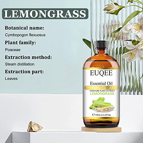 Euqee Lemongrass Essential Oil 118Ml Pure & Natural Lemongrass Oil Premium Essential Oil - With Glass Dropper Perfect For Cleaning, Diffuser, Candle Making - 4Fl. Oz #TOP2