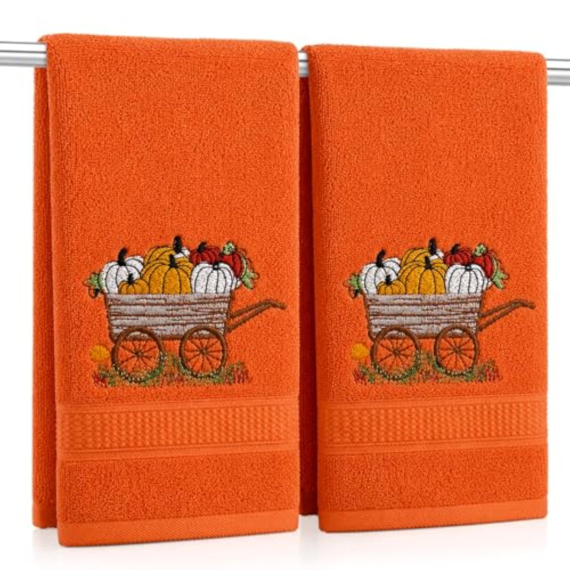 Cotton Embroidered Orange Pumpkin Wagon Decorative Dish Towels Set