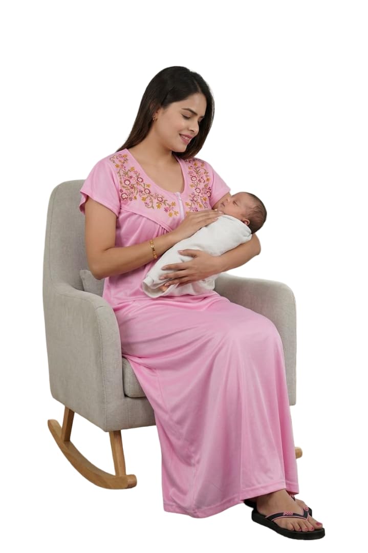 Women Cotton Nursing Feeding Maternity Nighty, Zip Bust Before and After, Baby Multipurpose Night Dress (Pink Color) (Pack of 1)-image-6