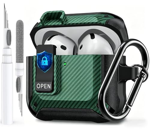 Image of Olytop for Airpods 4 Case with Lock Clip, Rugged Apple Airpods 4th Generation Cover 2024 Men Women, Armor Shockproof iPod 4 Gen Protective Hard Shell with Carabiner&Cleaner kit,CF Black /Green