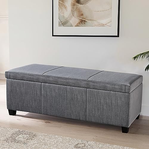 BELLEZE Storage Ottoman, 47 Inch Bench Bedroom Bench with Safety Close Hinge, Extra Long Ottoman with Storage for Living Room, Entryway, Hallway, Foot Rest, Support 300lbs - Gray Gray/ Linen