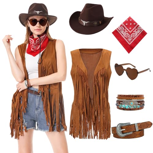 yawclaw Western Outfit for Women Cowgirl Costume Adult Western Cowgirl Tassels Fringe Vest with Hat Belt Bandana Bracelet, Large, Brown