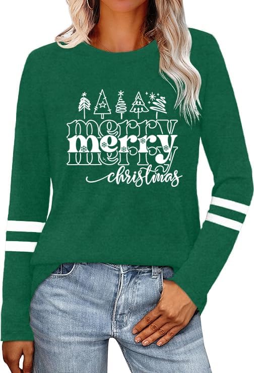 LBP Christmas Shirts for Women Merry Christmas Tree Long Sleeve T-Shirt Xmas Holiday Tee Tops