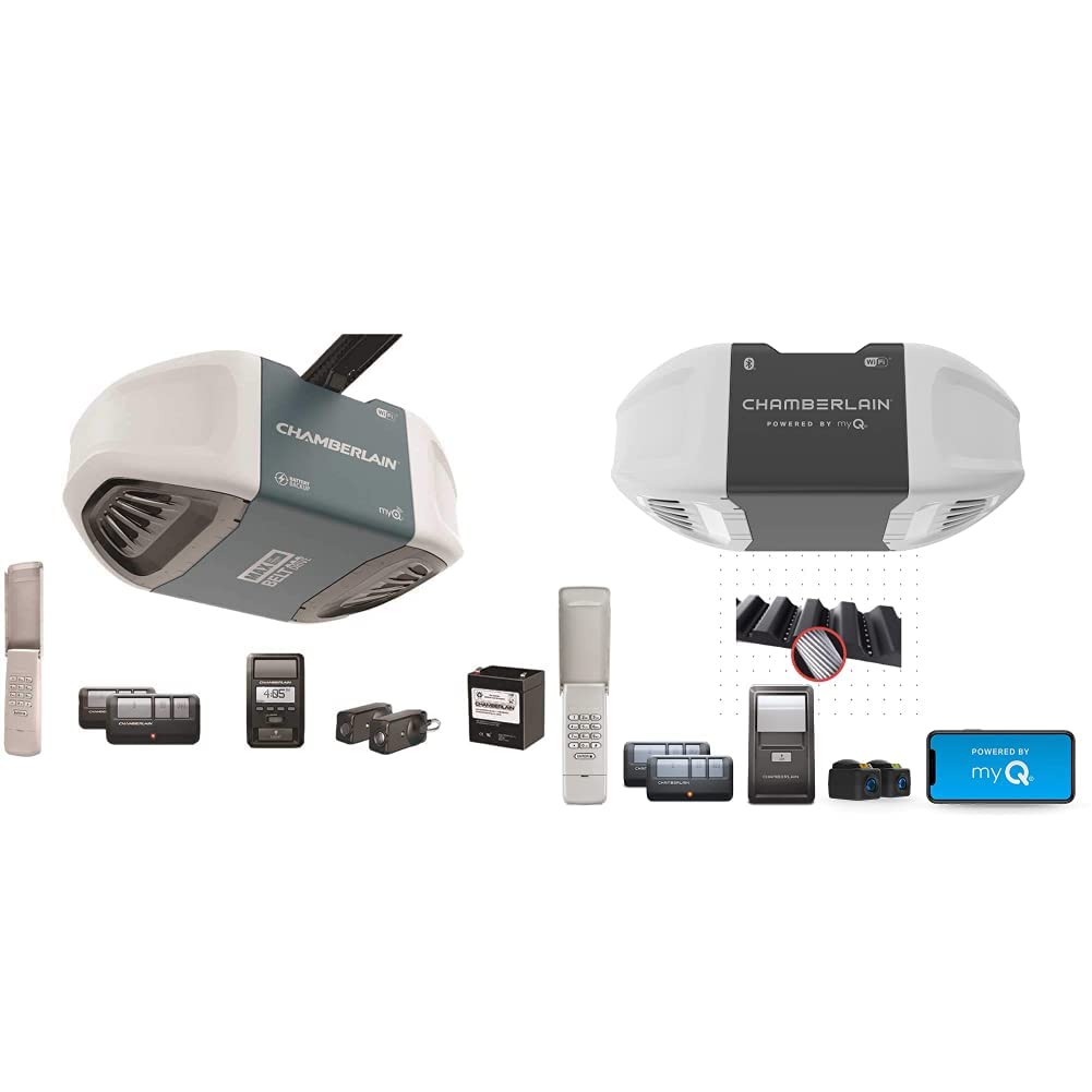 Chamberlain B970T Smart Garage Door Opener with Battery Backup, Blue & B2405 Smart myQ Smartphone Controlled-Ultra Quiet, Strong Belt Drive, Wireless Keypad Included, Blue Garage Door Opener