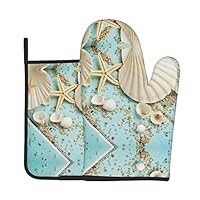 Lot De 2 Maniques Et Maniques Pour Barbecue, Cuisine, Micro-ondes, Bleu Océan, Mer, Plage, Coquillages, étoiles De Mer, Bleu