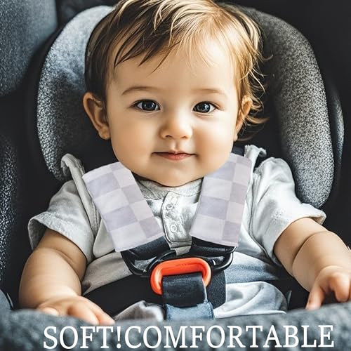 Image of Carseat Strap Covers for Babies, Ultra Soft Double-Sided Use Shoulder Covers, 2 Pack Infant Seat Belt Covers for Car Seats /Strollers /High Chairs, for Baby Toddler Infant Boy Girl, Gray Checkered