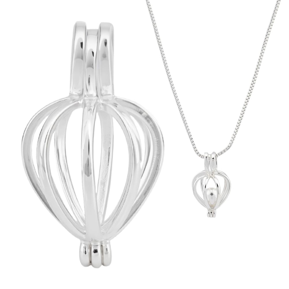 DELORIGIN 925 Sterling Silver Pearl Cage Pendant Locket Bead Cage Charm Necklace Adjustable Crystal Holder Necklace Hollow Charm for DIY Necklaces Bracelet Jewelry Making Kit Craft Gift