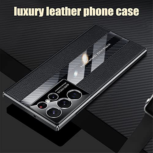 For Samsung S21 Ultra Luxury Tpu Soft Bumper Carbon Fiber & Genuine Leather Back Cover Compatible With Samsung Galaxy S21 Ultra 6.8" Inch Case Camera Protection Shockproof Phone Case (Red) #TOP6