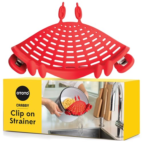 NEW Crabby Clip-On Strainer by OTOTO - Silicone and Stainless Steel Pasta Strainer, Funny Gifts, Cute Kitchen Accessories, Red Crab, Cool Kitchen Gadgets