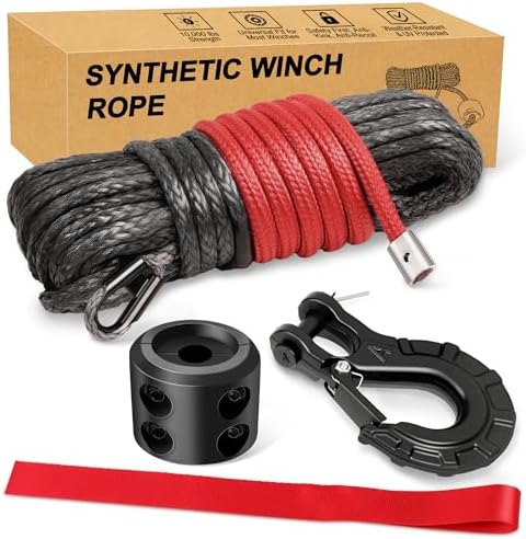 Synthetic Winch Rope Kit - 1/4'' x 50' with 10,000 lbs Breaking Strength, Included Lightweight Winch Rope Winch Stopper and Winch Hook, Easy Installation, Replacement for ATV UTV Boat Truck Winches