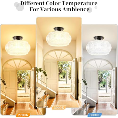 Image of 12 inch Milk Glass Semi Flush Mount Ceiling Light Fixture, Black Base