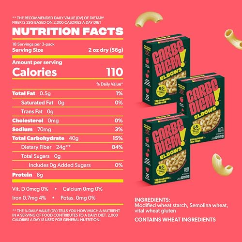 Carbe Diem!, Elbows, Lower Net Carb Pasta with Traditional Flavor & Texture, 8 grams of Protein, 55% Fewer Net Carbs & Only 110 Calories Per Serving, Pack of 3 - Thumbnail 2