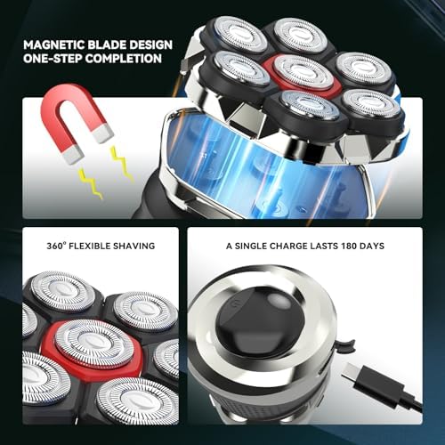 Ordele Men's Electric Rotary Shavers Bald,2026 Upgrade 7D Floating Electric Shaver with LED Display,IPX6 Waterproof,Type-C Fast Charge, Magnetic Heads, Travel Case - Ideal Men's Grooming Gift