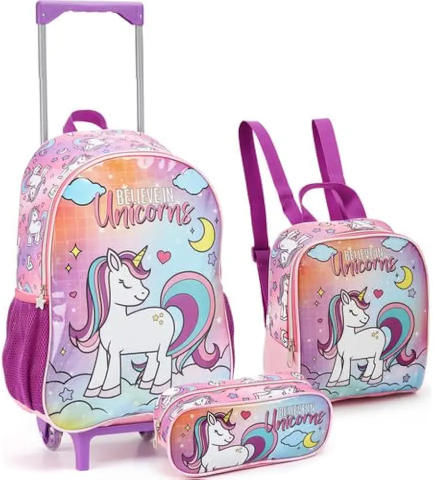 Kit Escolar Infantil Unicórnio Mochila de Rodinhas 16 Polegadas com Lancheira Térmica e Estojo