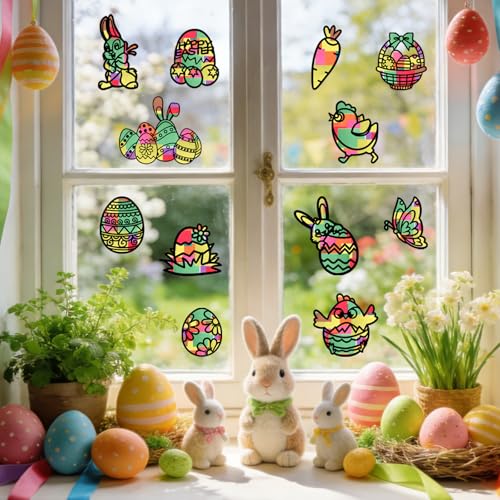 Ntwdby 12 Stück Basteln Frühling Ostern Kinder, Frühling Ostern Fensterdeko zum Basteln mit Osterhasen, Küken, Schmetterlingen, Eiern, DIY Fensterbilder mit Buntglas-Effekt, Ostern für Fenster Party