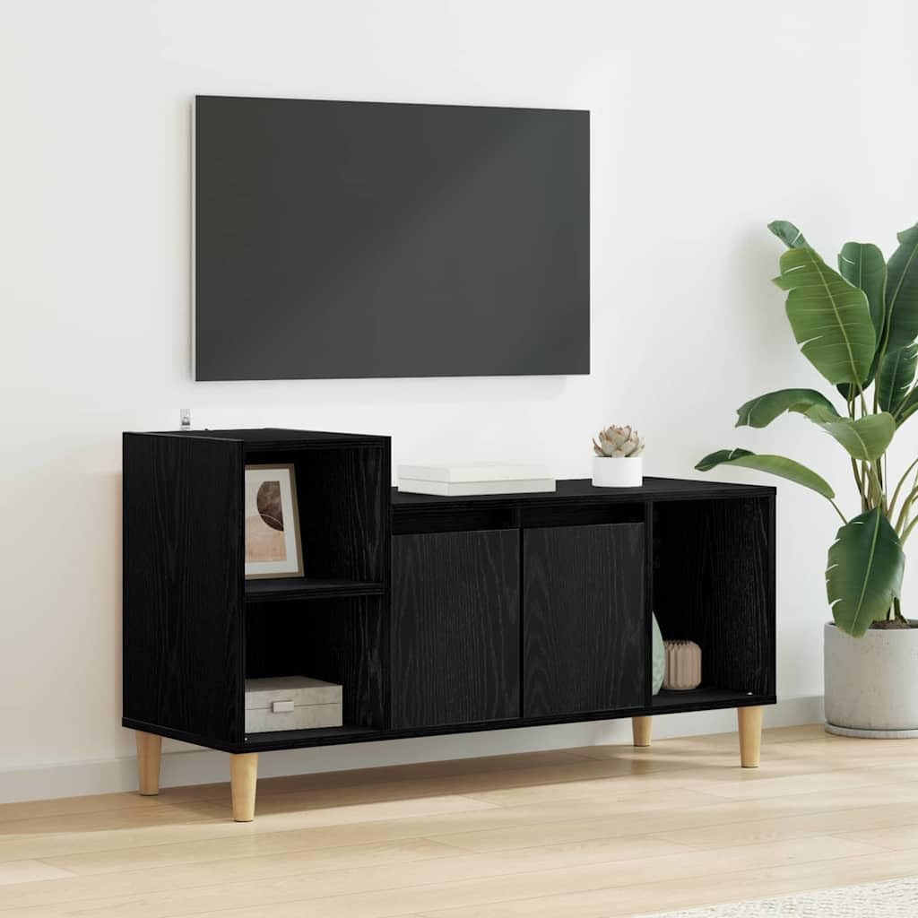 Szafka TV czarna o wyglądzie dębu, 100 x 35 x 55 cm, materiał drewnopochodny, uniwersalna podstawka pod telewizor, konsola multimedialna z drzwiami, meble do salonu
