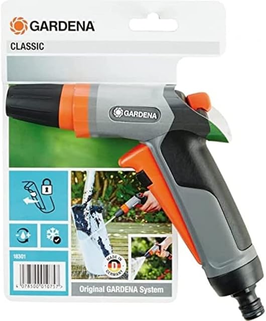 Gardena pistolet zraszający Classic: pistolet zraszający do czyszczenia i spryskiwania, z wyzwalaczem impulsowym i stałą blokadą, z ochroną przed zamarzaniem, zapakowany (18301-20)