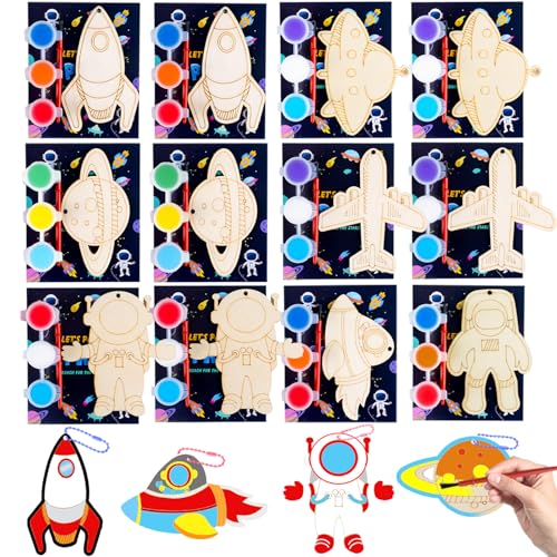 JOTIKO 12 Pack Space Party Favors - Wooden Keychains Painting