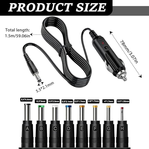 12V 3A Auto Netzteil Universal mit 8 Adaptersteckern, 5,5 x 2,1 mm DC Stecker KFZ Netzteil für DVD Player, GPS, Tablet, Kamera, Router, tragbarer Monitor, Auto Adapter für PKW, LKW und Wohnmobil