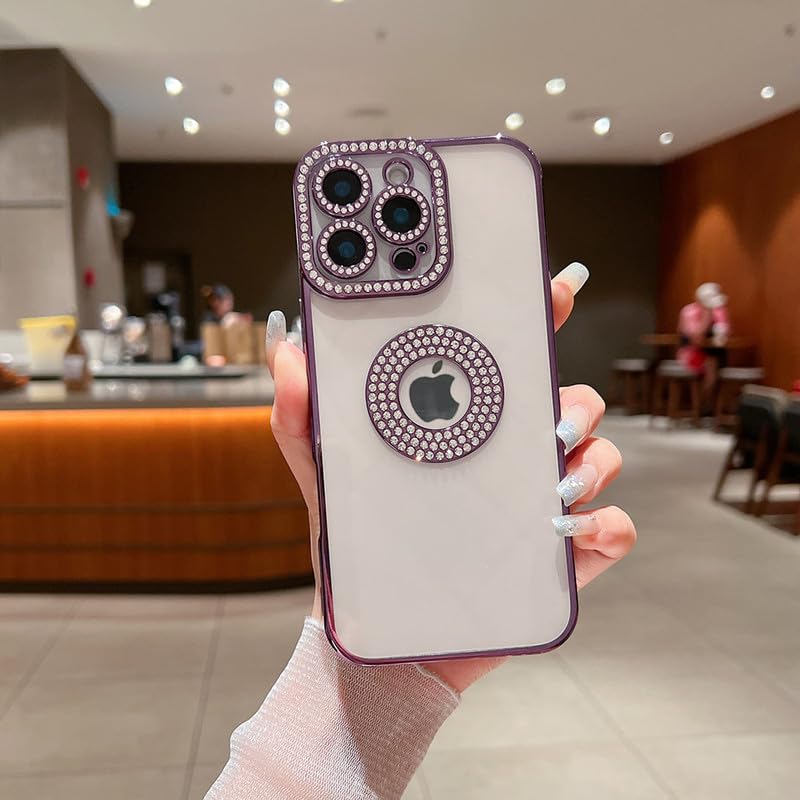 Image of LuxuryKase Sparkling Crystal Clear Case for iPhone 16 Pro Max | Logo Cut | Soft Protective TPU Case | Diamond Camera Lens Protector - Purple