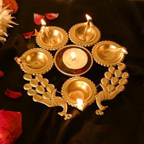 Ascension Peacock Diya Shape Decorative Urli Bowl for Home Decor with 5 Attached Oil Diyas for Floating Flowers and Tealight Candles Home Table | Diwali Decoration Items for Pooja Room (7 inch)