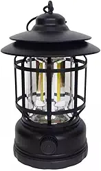 Lampião Lanterna Led Portátil De Camping Barraca Retro Recarregável Via USB Tipo C Luminária Para Acampamento e Pesca Com Regulagem De Intensidade Gancho Pendurar Bateria Longa Duração (Preto)