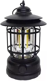 Lampião Lanterna Led Portátil De Camping Barraca Retro Recarregável Via USB Tipo C Luminária Para Acampamento e Pesca Com Regulagem De Intensidade Gancho Pendurar Bateria Longa Duração (Preto)