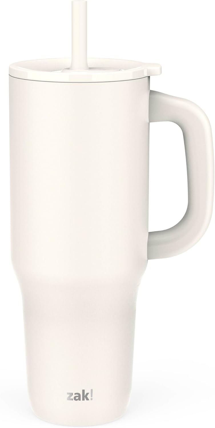 Zak Designs Sutton Travel Tumbler for On the Go, 40oz Stainless Steel with Vacuum Insulation, Silicone Straw, and Carry Handle for Cold Drinks (Cream White)
