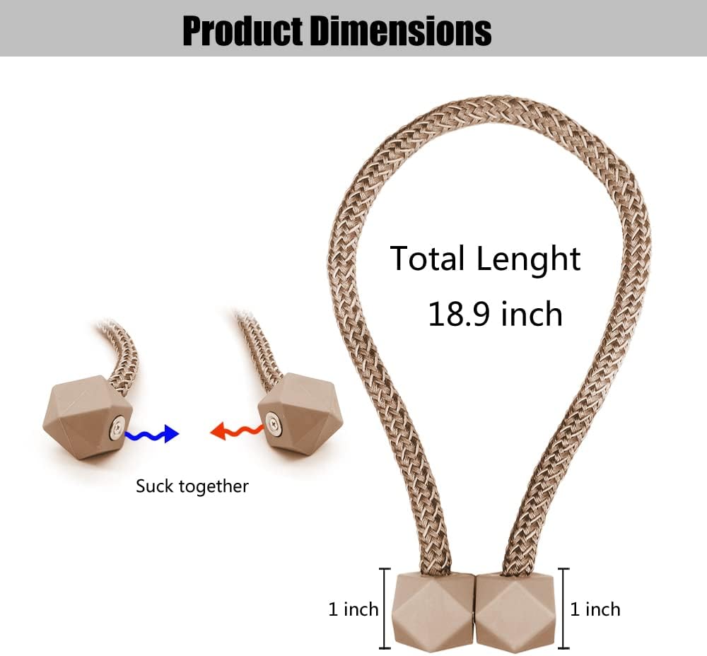 Qimee 4PCS Magnetic Curtain Tiebacks, Decorative Drape Tie Backs Holdback Holder for Window Draperies, Octagon Style Convenient Drape Rope Tie Backs (Beige)