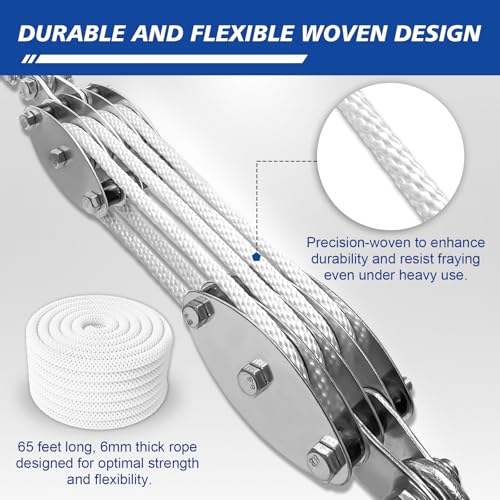 SALIFTFE Block and Tackle Pulley System, Upgraded 4-Wheel Rope Pulley Hoist, 8:1 Lifting Power, 2200LB Work Load with 65Ft of 1/4" Rope, Ultra-Compact Rope Hoist for Garage, Hunting, and Heavy Lifting - Thumbnail 5