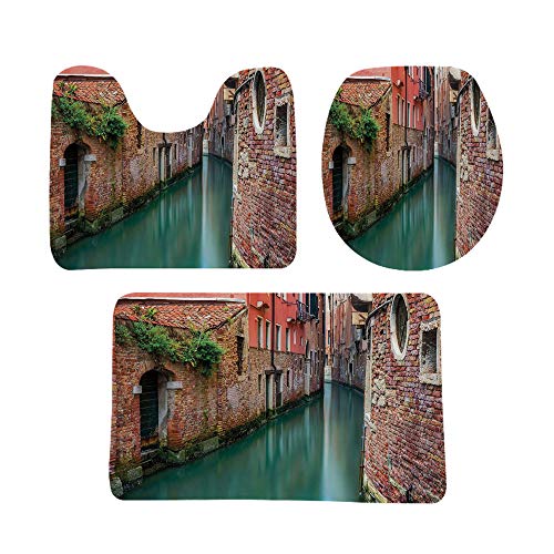 ベニス 玄関マット 便器の装飾 バスマット トイレマット 3点セット 風光明媚な水路 防音 ラグマット 洗える おしゃれ 50*80cm 古い歴史的建造物住宅レンガの壁装飾 オレンジダークコーラルジェイドグリーン