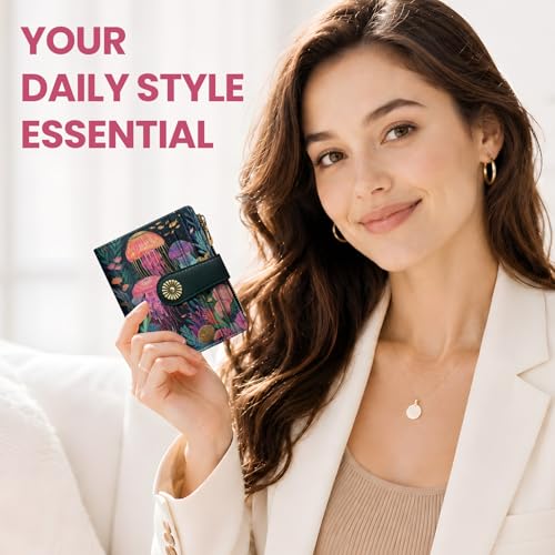 Image of Small Wallet for Women, RFID Blocking Bifold Card Holder Wallet with 10 Card Slots, Cash Compartment, Zipper Coin Pocket & ID Window, Cute Soft Vegan Leather Compact Wallet, Jellyfish