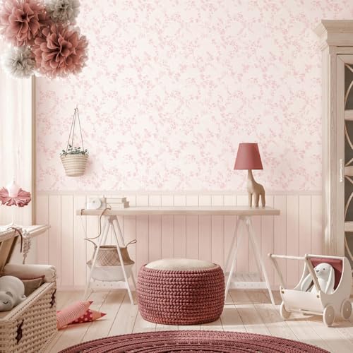 Papel pintado infantil para habitacion de niñas en tonos rosa y crema 2