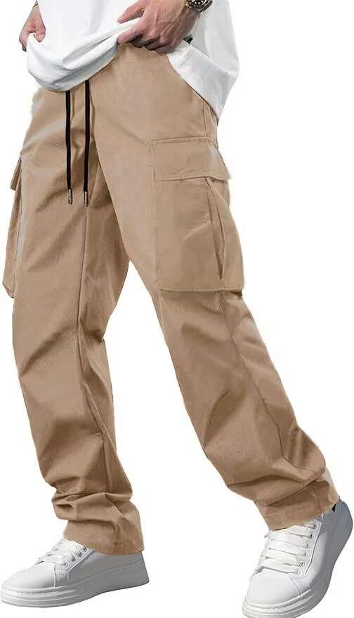 Mens Cargo Sweatpants - Drawstring Casual Hiking Pants Joggers Athletic Trousers Cotton Loose Straight Pants for Men