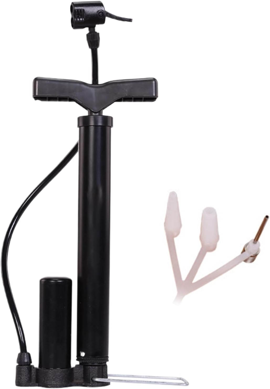 Portable air pump shown with three different inflation needles.
