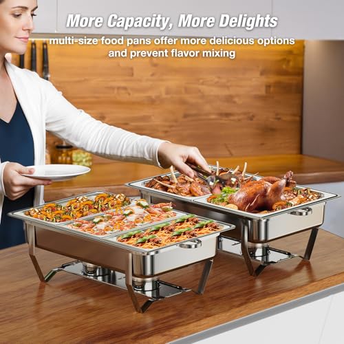 WARMOUNTS Rectangular Chafing Dishes for Buffet with Upgraded Multi-Size Food Pans, 9QT 2 Pack Large Chafing Dish Set w/Mirror-Polished Stainless Steel, Rolled rim, Foldable Frame for Parties