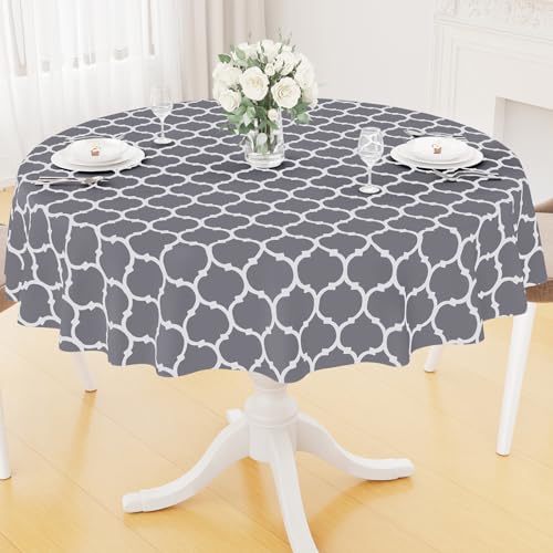 Image of Smiry Round Table Cloth, Flannel Backed Vinyl Tablecloth, 60 inch Round | Waterproof Plastic Tablecloths, Wipeable Table Cover for Dining, Indoor and Outdoor (Grey)