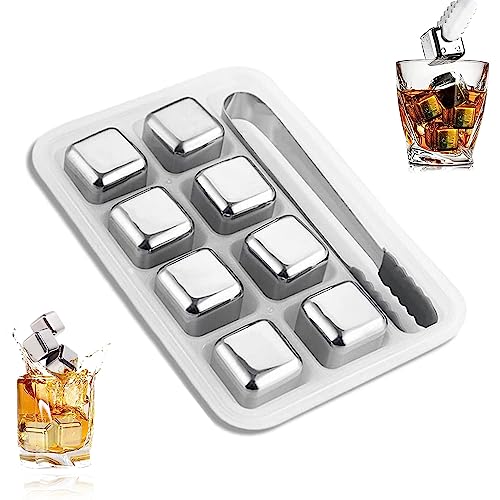 Whiskey-Eiswürfel+Clips aus 304 Edelstahl, 8 Stück Whisky Steine Edelstahl Set, Edelstahl Eiswürfel Set, Whisky Eiswürfel Wiederverwendbar, für Whiskey, Wodka und Tequil, Silber