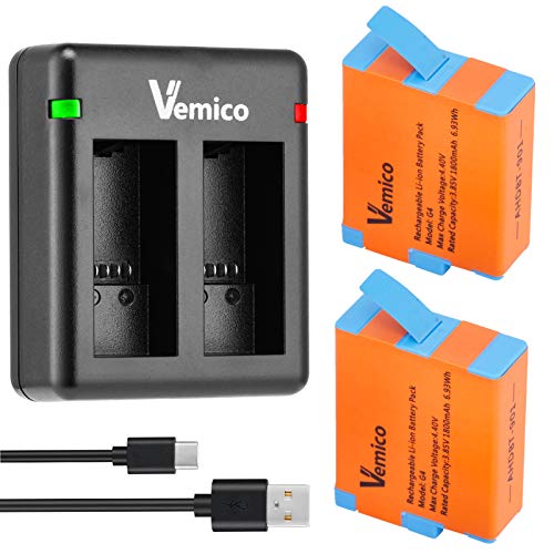 Vemico GoPro Hero 9/Hero 10 Battery Charger Kit 2x1800mah Rechargeable Batteries and LED Micro USB Type-C Dual Charger for GoPro Hero 9/Hero 10 Black/AHDBT-901(Fully Compatible with Original)