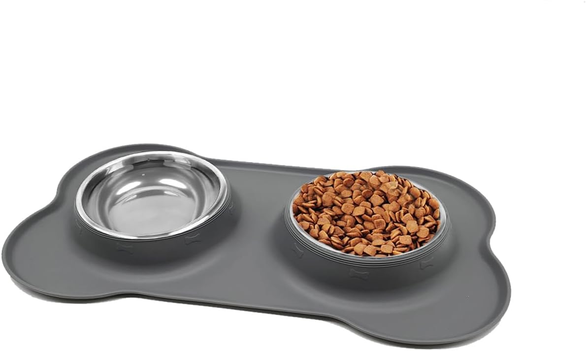 Dog Bowls, Puppy Bowl YOKA Double Stainless Steel Dog Bowl with Non-Spill & Non Slip Silicone Mats Tray, Cat bowls for Cats Puppies Small Dog Food Water Feeding (Each Bowl 200ML*2,Grey)