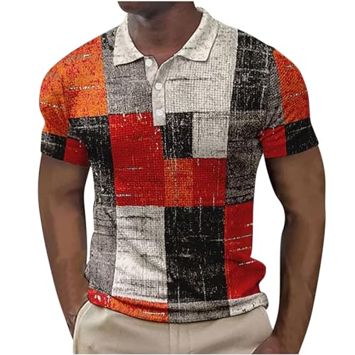Shznruwy Polo de impresión geométrica para hombre, ligero de color de contraste, manga corta, camiseta de tenis con botones, camiseta de solapa vintage, camiseta de trabajo, retro, camiseta de