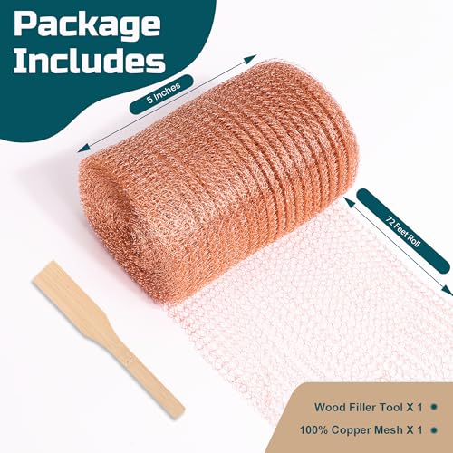 PamMittul Copper Mesh Rodent Control, 5in x 72ft Rustproof Pure Copper Mesh Roll for Slug Snail Mice Control, Ideal for Blocking Holes in Walls Vents, Plus Packing Tool for Easy Installation