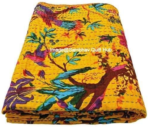 Queen/Twin/King Yellow Bird Home Decor Bed Bohemian Bird Queen Bedspread Handcrafted Handmade Quilt Kantha Bird Print Cover Unique Blanket Bedding Quilt (60X90 inch)