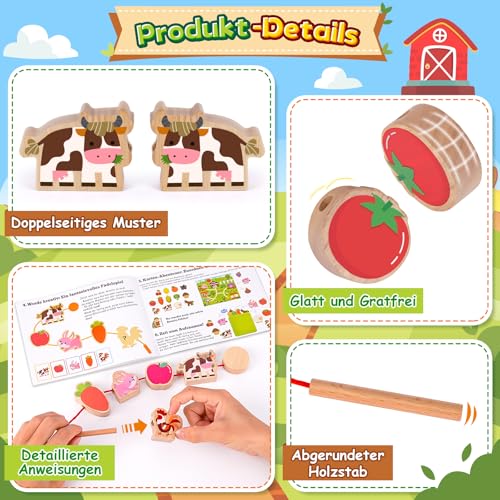 Montessori Spielzeug ab 2 1 3 Jahre: Geschenk Mädchen 1-3 Jahre Junge Fädelspiel Bauernhof Motorikspielzeug für Kinderspielzeug ab 2-3 Jahr Mädchen Holzspielzeug Lernkarten für Kleinkinder ab 2 Jahren