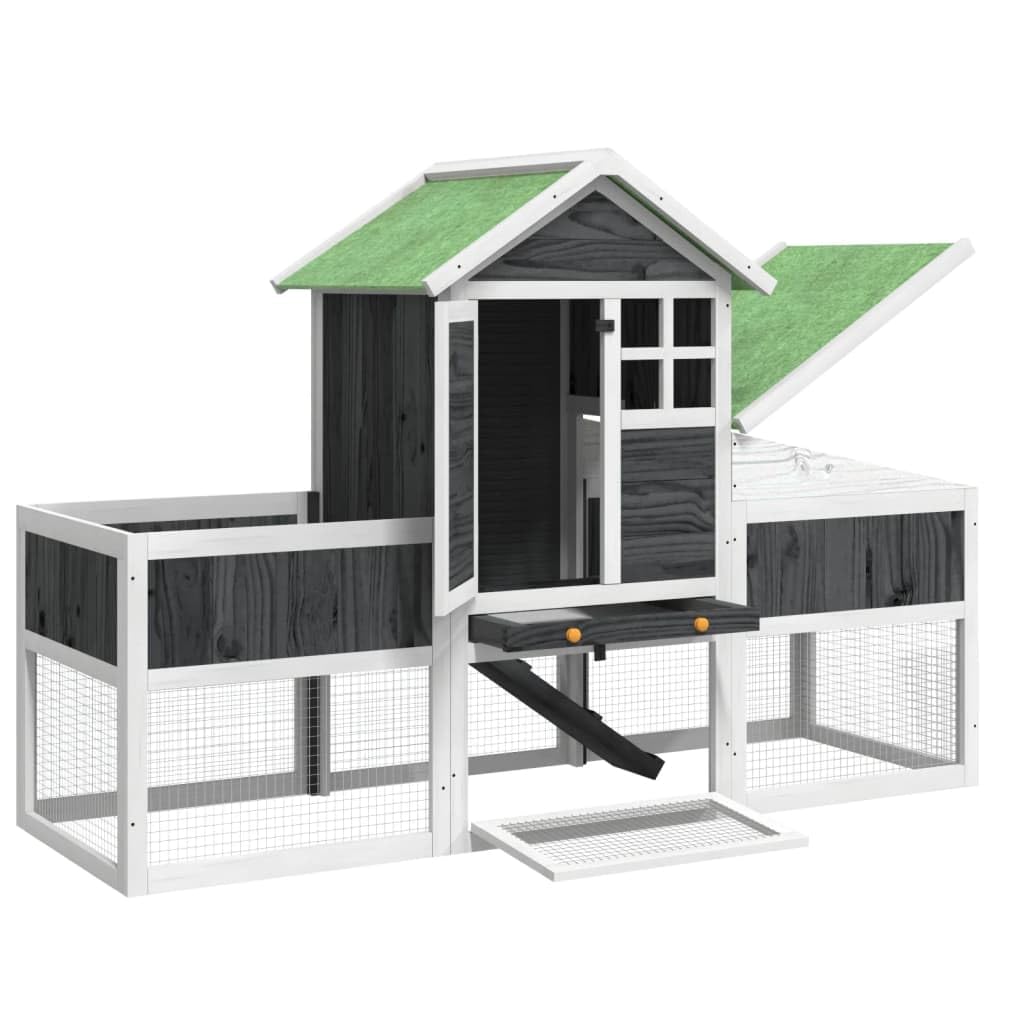 Kaninchenstall Grau aus massivem Kiefernholz 170x63x113 cm mit Freilaufgehege und wasserfestem Dach, Nagerheim für Kaninchen Meerschweinchen und Kleintiere Outdoor