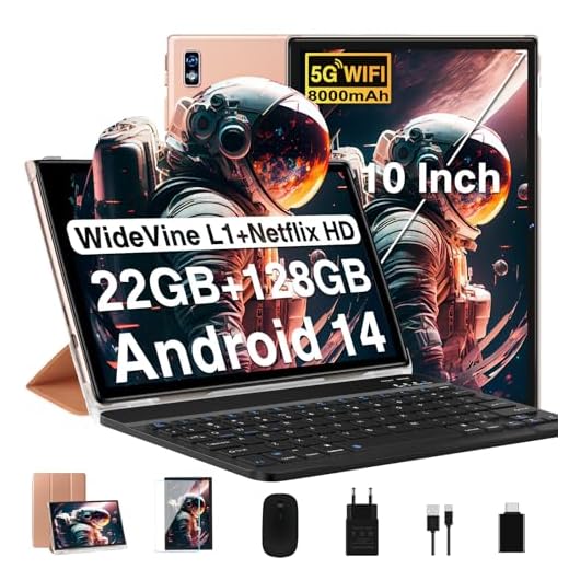 2024 Newest Tablet Android 14 Tablet PC 10.1 Pollici,22GB RAM+128GB ROM(TF 1TB), Octa Core 2.0Ghz/5G+2.4G WiFi/8000mAh/Widevine L1/BT5.0/8+5MP/GPS/Widgets/GMS Tablet con Tastiera e Mouse - Oro Rosa